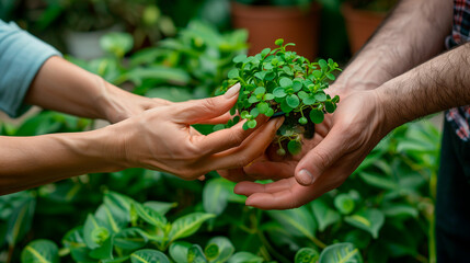 Naklejka na ściany i meble Woman and man hands hold together a small green plant. Earth day eco concept. Future of the planet