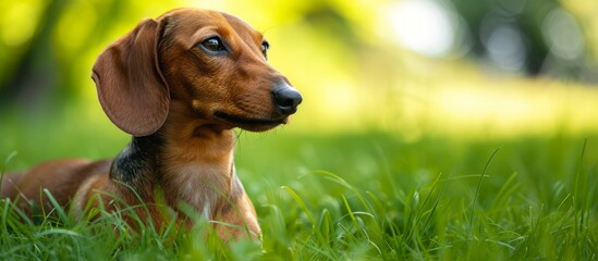 A carnivorous terrestrial animal, the dachshund, a dog breed, is laying in the grass and attentively looking at the camera with its fawncolored coat and ears perked up. Known as a companion dog