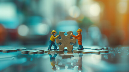 engineer miniature figurines holding actual size jigsaw, cooperate for success concept - obrazy, fototapety, plakaty