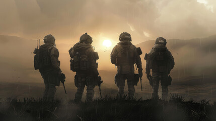  soldiers looking at a distant sky