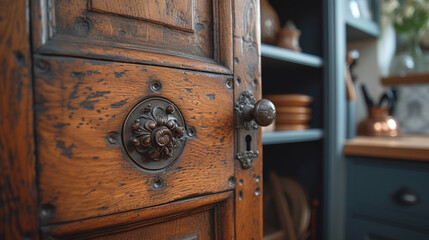 An antique armoire is od to reveal a hidden entrance to a secret room. The ornate details and aged wood give the impression of a longkept secret within the home.