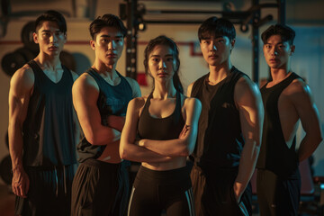 Portrait of Young adult bodybuilders standing in gym