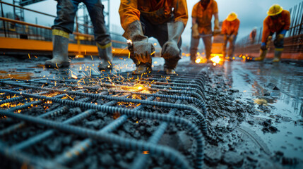Construction workers fabricating steel reinforcement bar at the new modern construction site,generative ai