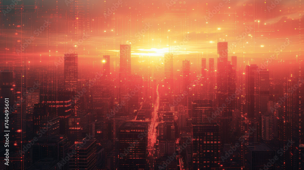 Poster a digital landscape with towering skyscrapers representing the global economy. users can zoom in and