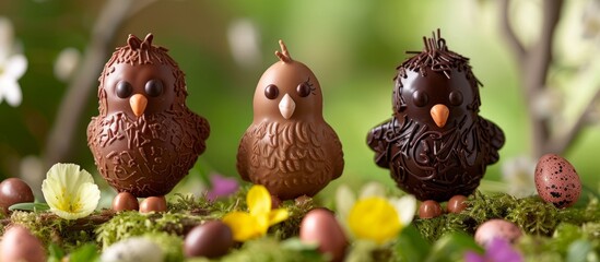 Three adorable chocolate birds perched on a nest of twigs in a whimsical setting