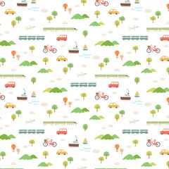 乗り物と風景のシームレスパターンイラスト