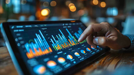 Close-up business analysis: tablet financial stats, gesture-driven meeting, silver-azure tone, human-canvas integration, calculated, panoramic web banner.generative ai