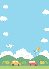 青空と山と車の風景イラスト
