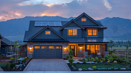 A contemporary wooden house equipped with solar panels, warmly lit from within, stands in a misty mountain setting at twilight.