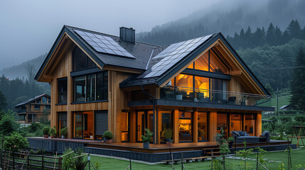 Fototapeta na wymiar A contemporary wooden house equipped with solar panels, warmly lit from within, stands in a misty mountain setting at twilight.
