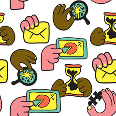 seamless pattern with hand in vector.business icon in doodle. Template for backdrop, background, banner, wallpaper, wrapping, pattern, seamless, print, textile, fabric