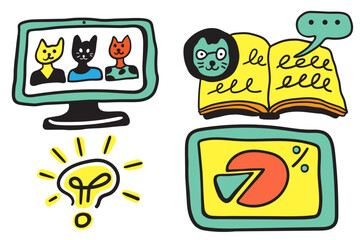 set of infographic icons in vector.business work diagram icon in doodle style. work metaphor illustration. Template for logo sticker poster icon app website. Business icon series