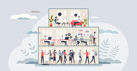Career levels and employee work progress in hierarchy tiny person concept. Company positions from entry level to senior and executive vector illustration. Effective collaboration and partnership.