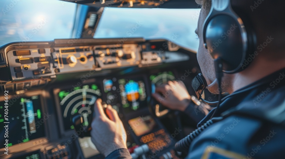 Poster with a focused expression the pilots hand adjusts the altitude and heading dials on the control pane