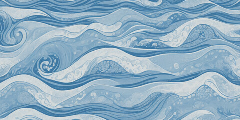 Fototapeta premium Vector ocean watercolor soft blue and white wavey curve line background. Blue water ocean sea wave seamless background.