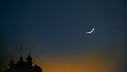 Tuinposter Half Dome mosque dome mosque light of hope arabic islamic architecture and half moon and the sky has stars The mosque is an important place in Islam.