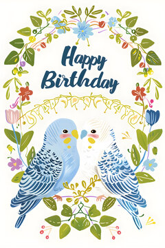 Happy Birthday Card with birds on a branch 