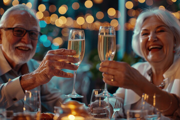 Happy senior people cheers with champagne drinks glasses at dinner gala