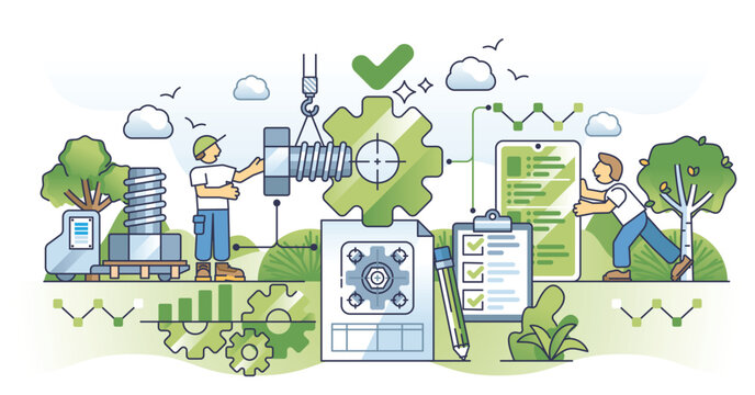 Total quality management or TQM for continual improvement outline concept. Customer focus, employee participation and process oriented approach for effective improvement and precise manufacturing.