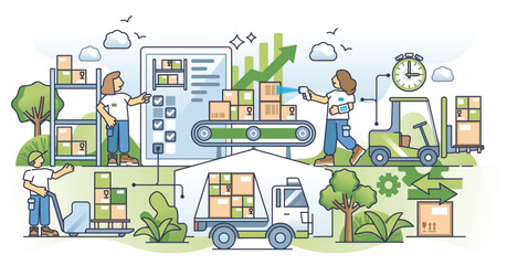 Naklejka premium Supply chain optimization for effective logistic process outline concept. Warehouse distribution system with fast shipping and efficient turnover time vector illustration. Lean manufacturing strategy