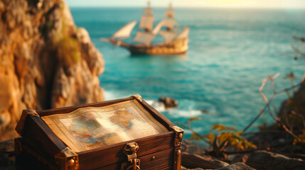 Antique treasure chest with world map, sailboat at sea.
