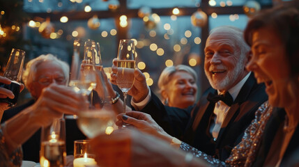 Happy senior people cheers with champagne drinks glasses at dinner gala
