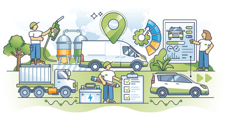 Fleet management with modern logistics monitoring system outline concept. Vehicle maintenance and charging in effective freight business station vector illustration. Sustainable green transportation.