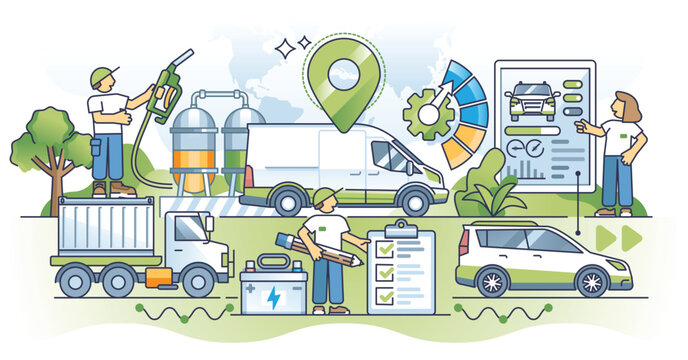 Fleet Management With Modern Logistics Monitoring System Outline Concept. Vehicle Maintenance And Charging In Effective Freight Business Station Vector Illustration. Sustainable Green Transportation.