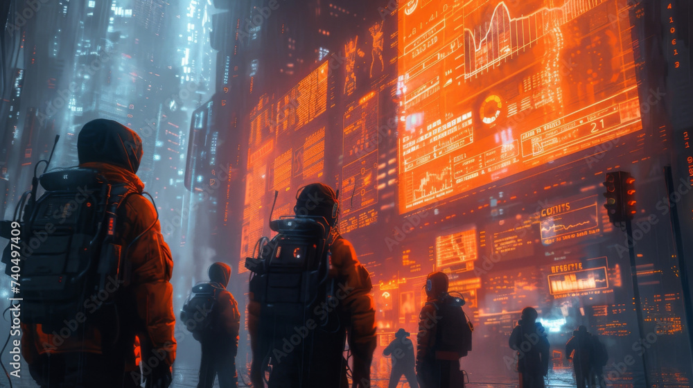 Poster a group of people wearing futuristic suits stand in front of a holographic screen displaying realtim