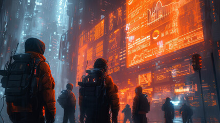 Fototapeta premium A group of people wearing futuristic suits stand in front of a holographic screen displaying realtime graphs and statistics of various digital currencies. In the background