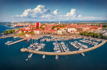 Adorable summer view from flying drone of Koper port. Aerial morning scene of Adriatic coastline,...