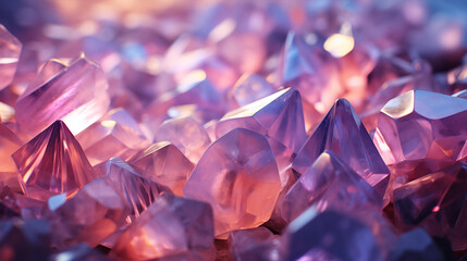 Background with pink crystals. Pink glass crystals with reflections of light. Abstract background with bokeh effect. AI generative