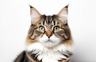 Pretty fluffy cat sitting up facing front. Looking at camera with green eyes. Isolated on a white background. Portrait of gray tabby cat. Beautiful cute grey brown striped cat close up. Banner design