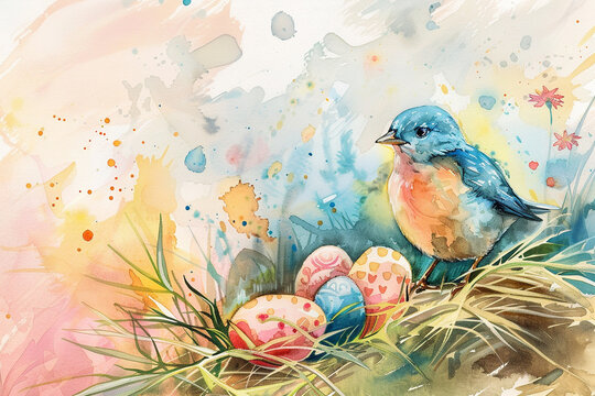 watercolor image of easter eggs and cute bird between flowers in the grass, generative ai