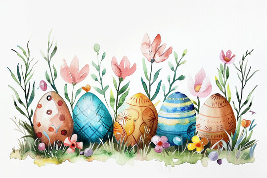 watercolor image of easter eggs between flowers in the grass, generative ai