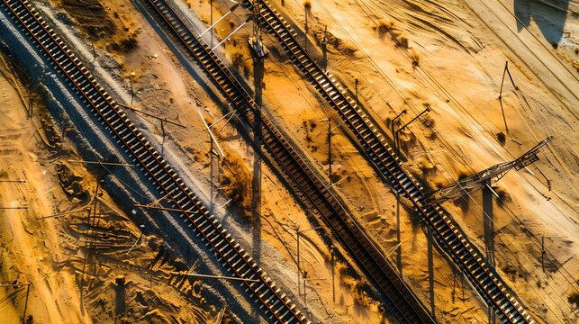 Aerial view of infrastructure development project with laying of railway tracks equipped with overhead electric poles in parallel to high powered supply lines in dry terrain during sum : Generative AI