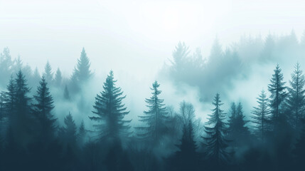 Misty mountain layers and forest silhouette.
