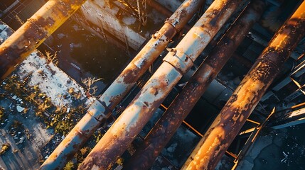 An aerial close-up of the rusting pipes of an old abandoned factory on a sunny day. : Generative AI