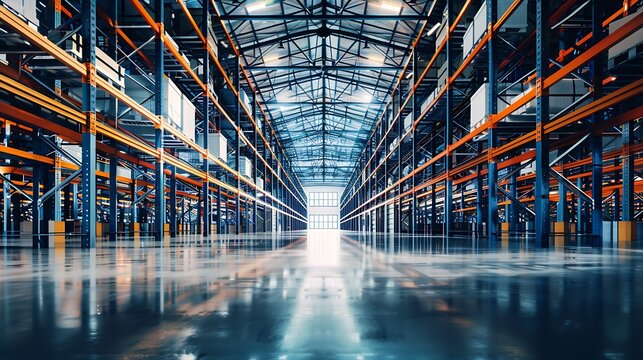 Warehouse Cantilever Racking Systems for storage Aluminum Pipe or profiles. Pallet Rack and Industrial Warehouse Racking. Steel profiles. Interior of Empty Big Huge Warehouse. : Generative AI