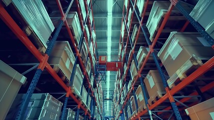 Huge distribution warehouse with high shelves and loaders. Bottom view. : Generative AI
