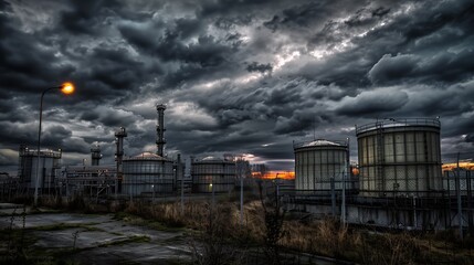 Fototapeta premium Industry Overview The refinery is an industrial area with sunrise and cloudy skies, oil and natural gas storage tanks, the refinery industry. : Generative AI