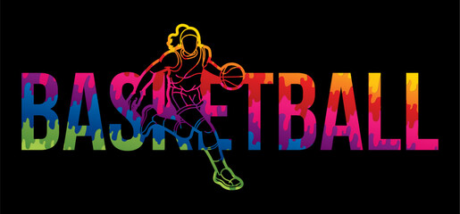 Basketball Female Player Action with Basketball Font Design Cartoon Sport Graphic Vector