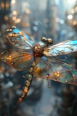 A beautifully crafted mechanical insect takes flight with reflective wings and detailed metalwork against a bokeh background