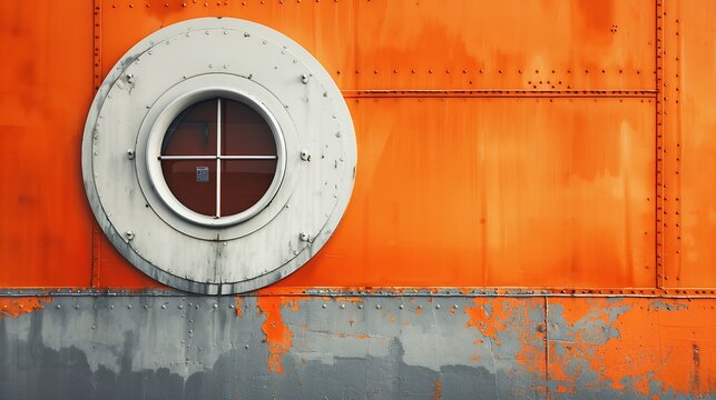 Submarine door bulkhead with white metal and nautical window on side of wall cement floors interior. Low lighting and orange color on cement exterior in industrial area of factory or m : Generative AI