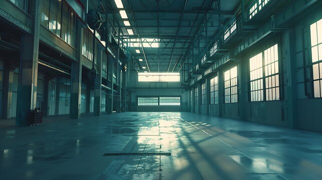 Empty industrial building. Spacious hangar without anyone. Empty factory with concrete floor. Hangar with high roof. Location for production equipment. Industrial background. 3d image : Generative AI