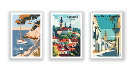 Ikaria, Greece. Jerez De La Frontera, Spain. Kampino, Poland - Vintage travel poster. Vector illustration. High quality prints