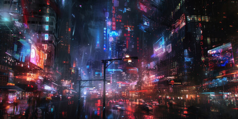 Obraz premium The city seemed to breathe and pulse with life the streets teeming with a constant flow of people and activity. Even at night the lights of buildings and neon signs danced