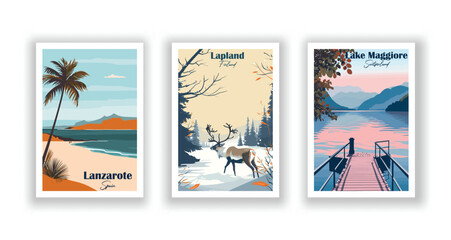Lake Maggiore, Switzerland. Lanzarote, Spain. Lapland, Finland - Vintage travel poster. Vector illustration. High quality prints