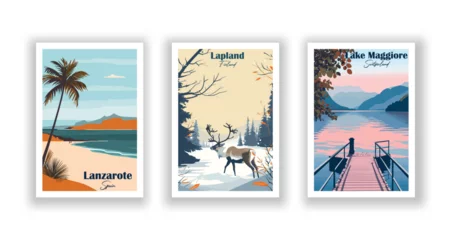 Foto auf Alu-Dibond Lake Maggiore, Switzerland. Lanzarote, Spain. Lapland, Finland - Vintage travel poster. Vector illustration. High quality prints © ImageDesigner
