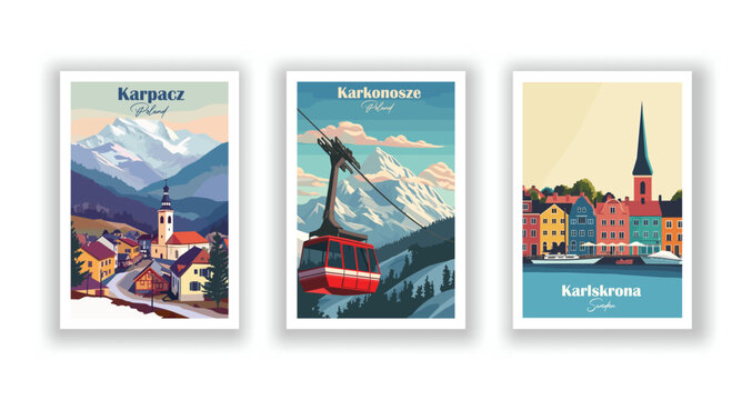 Karkonosze, Poland. Karlskrona, Sweden. Karpacz, Poland - Vintage travel poster. Vector illustration. High quality prints